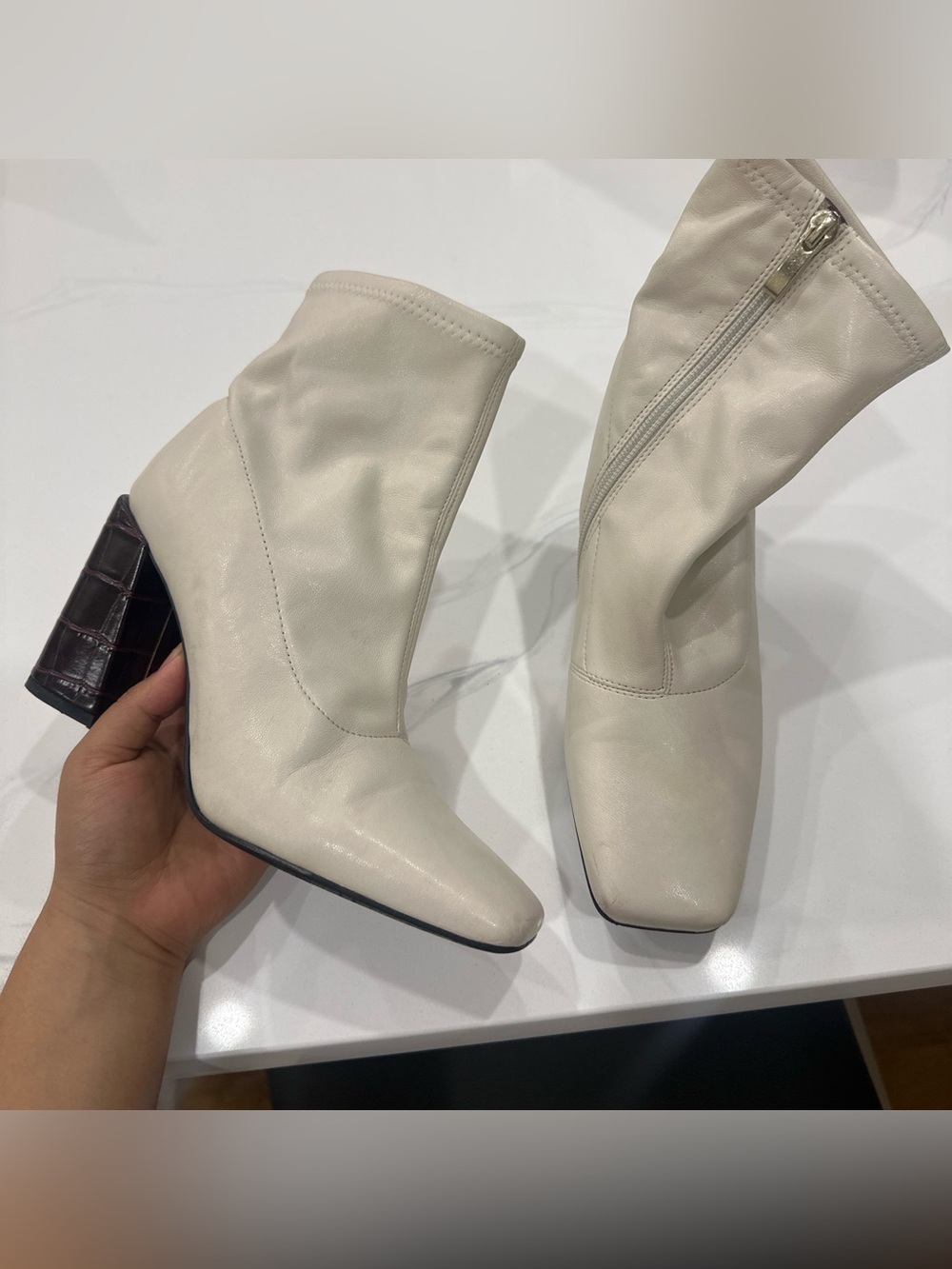Franco Sarto Anniversary 1990 Cream ankle boot square toe and croc block heel